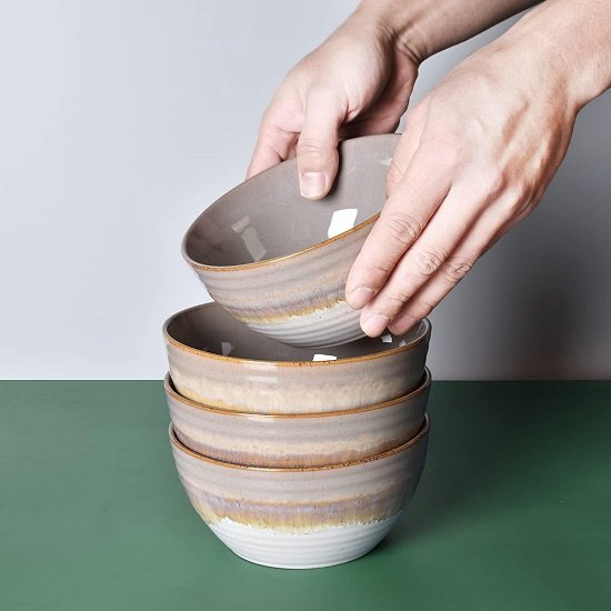 Ceramic Cereal Bowl Set of 4, 26 Oz, Soup Bowl for Oatmeal, Salad, Dishwasher and Microwave Safe, Reactive Glaze (Brown, 6 in)