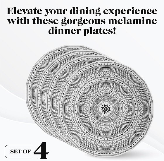 Melamine Plates, 11-Inch Lightweight and Break-Resistant Dinner Plates, Moroccan Black/White Design, Set Of 4