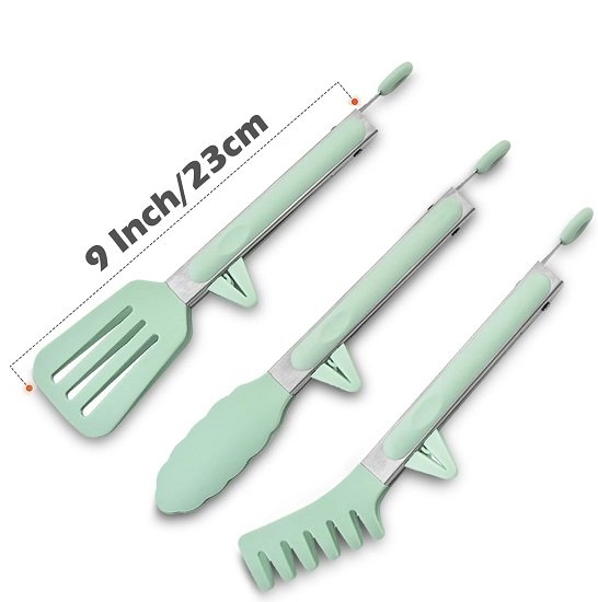 Kitchen Tongs for Cooking, 9 Inch Small Silicone Tongs, Food Grade Mini Serving Tongs with Silicone Tips, Set of 3, Green