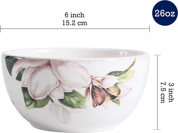 Floral Ceramic Bowls Set of 4, 26oz, for Pasta, Salad, Cereal, Soup & Microwave & Dishwasher Safe