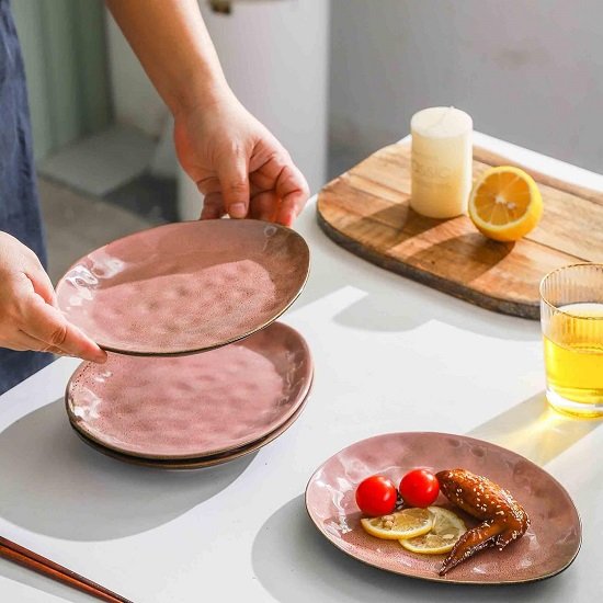 Small Appetizer, Salad Plates, Ceramic Dessert, Snacks Plates - Stoneware Kitchen Serving Side Dishes- Set of 6 (Pink)