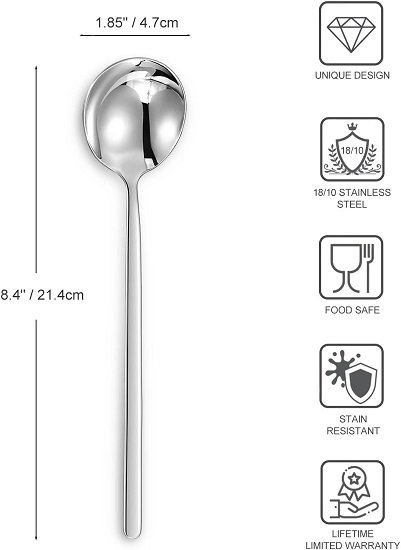 Premium Soup Spoons with Long Handles, Set of 4, 18/10 Stainless Steel, Dishwasher Safe