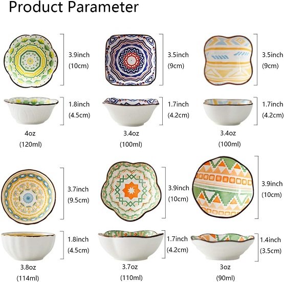 Soy Sauce Dish, Dipping Bowls Sets of 6, 1.2 Oz Porcelain Dip Serving Bowls & Bowl, Small Bowls for Side Dishes, Sushi, Sauce, Ingredient, Mini Tiny Bowls(Mixed)