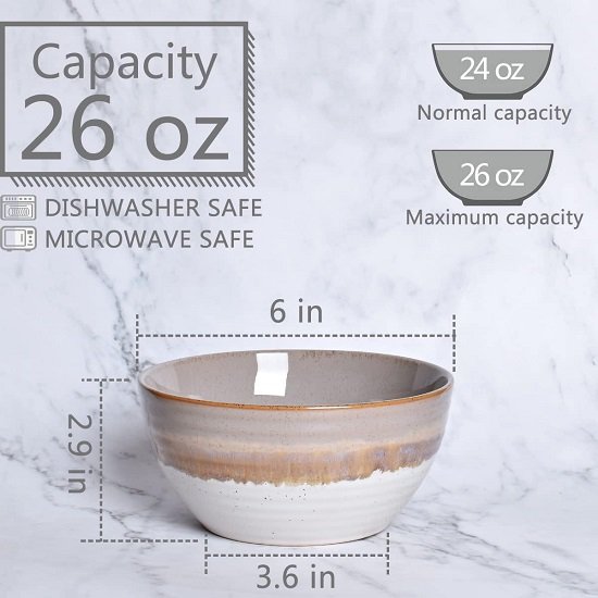 Ceramic Cereal Bowl Set of 4, 26 Oz, Soup Bowl for Oatmeal, Salad, Dishwasher and Microwave Safe, Reactive Glaze (Brown, 6 in)