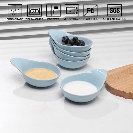Porcelain Soy Sauce Dish, 3 Ounce Dipping Bowls with Handles for Ketchup, Appetizers, Condiment, Snack, Honey Mustard - Set of 6 (Turquoise, Round)